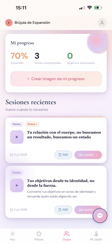 Pantalla Grupo, progreso y sesiones